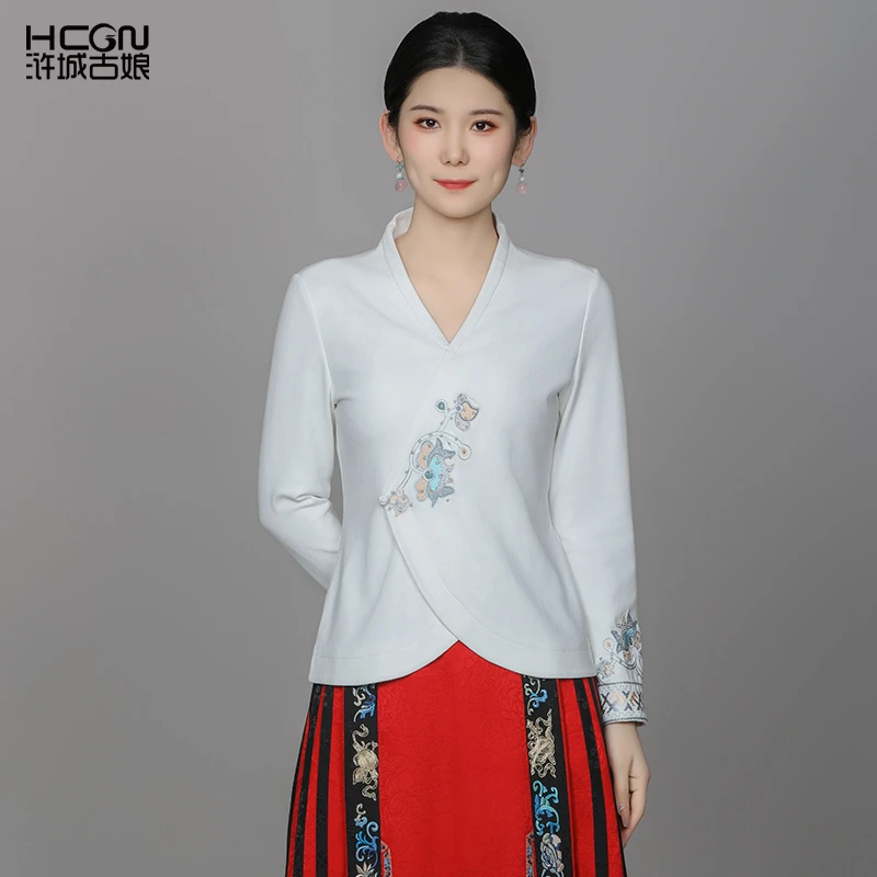 中式加绒棉质刺绣花舒适百搭V领长袖通勤减龄女楚音上衣ACL181073
