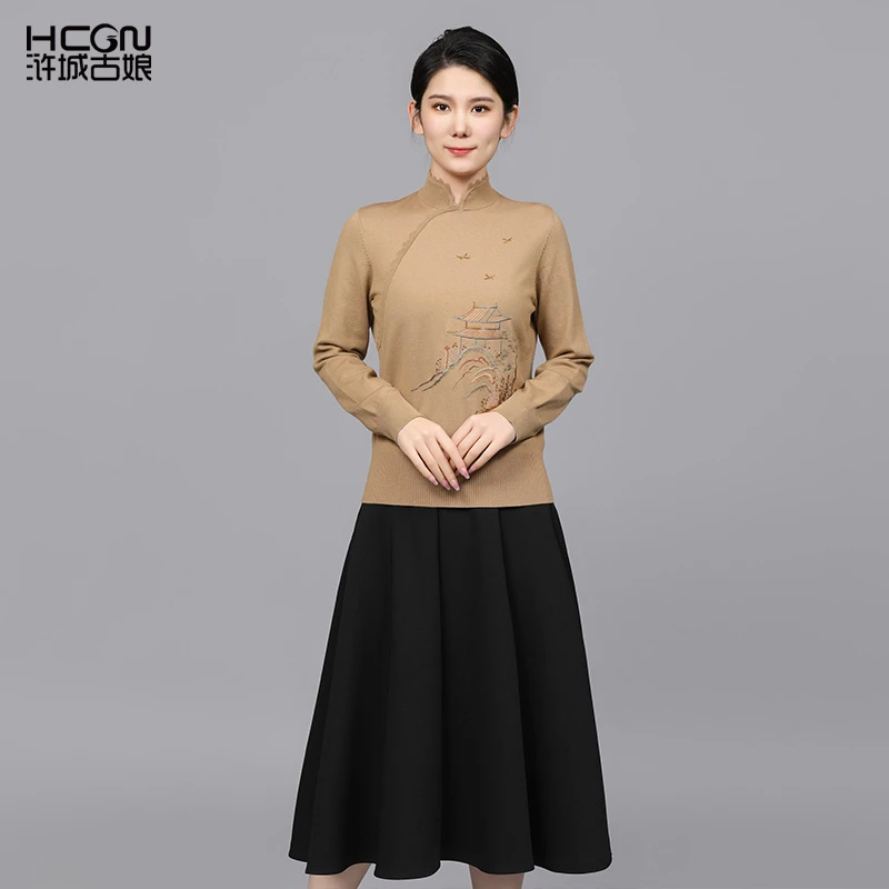 绵羊毛春秋新款长袖气质中式立领桃源仙境刺绣毛衫上衣16D2397