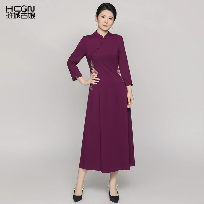 浒城古娘国风婚宴精致洋气刺绣收腰长袖女装长袖连衣裙CMT17791