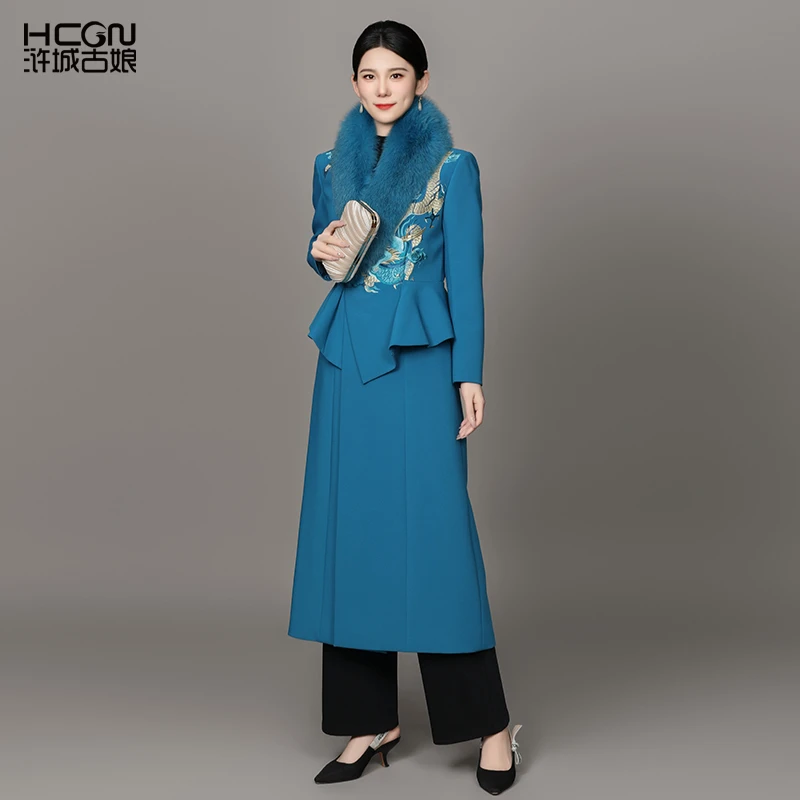 浒城古娘中式国风时尚气质高贵上档次精致青钰龙连衣裙-22C11211