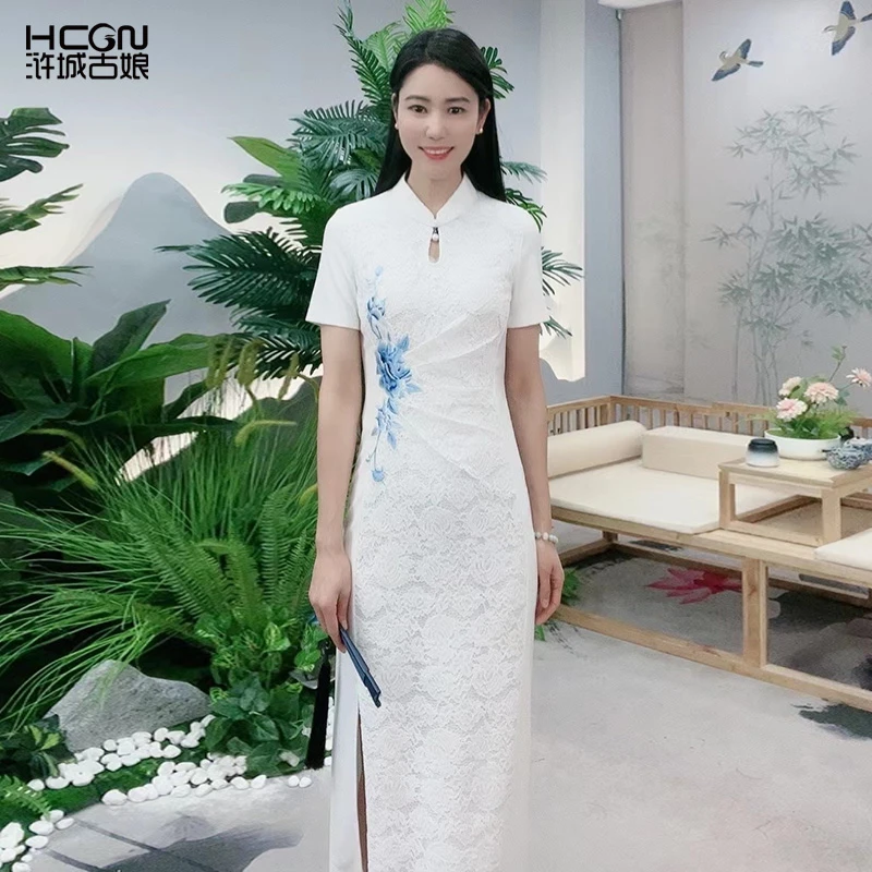 夏季中式复古气质优雅女士黑色水滴领精致绣花缘靖连衣裙BMT17672