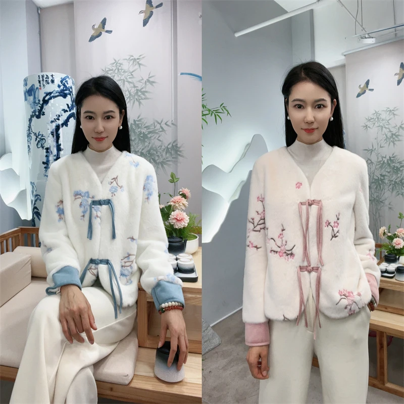 秋冬手工盘扣百搭时尚气质中式国风女士短款毛毛衣外套-WM115189