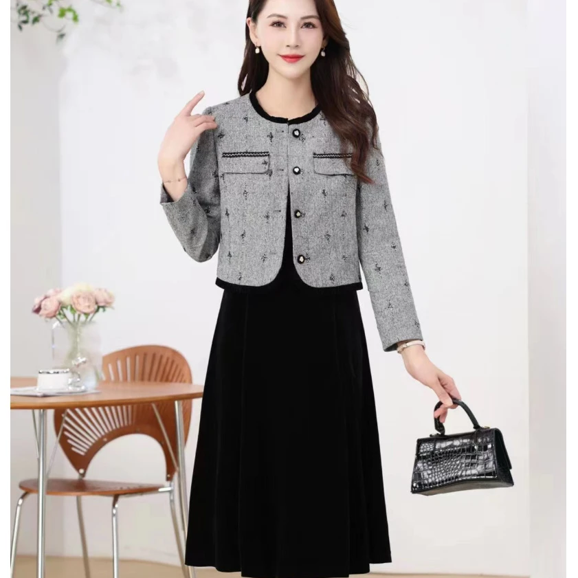 24B22#灰【木兮兮专属】2024年秋冬季新气质时尚小香风休闲百搭套装