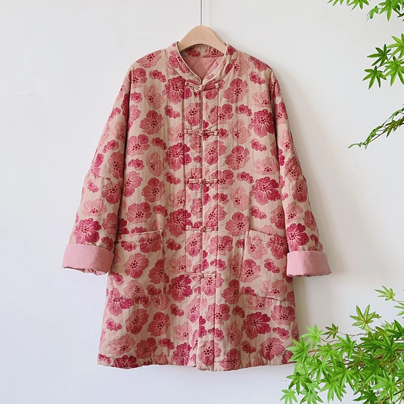 【花落】秋冬复古百搭印花宽松保暖中式盘扣棉衣外套 51863