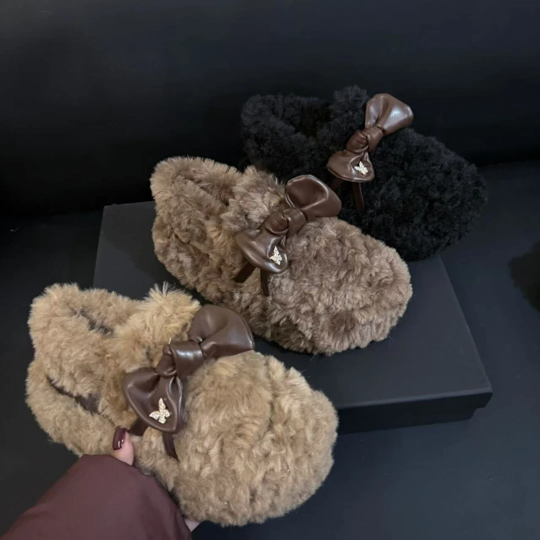 一脚蹬时尚厚底蝴蝶结增高棉鞋2024年秋冬季时尚百搭小个子毛毛鞋