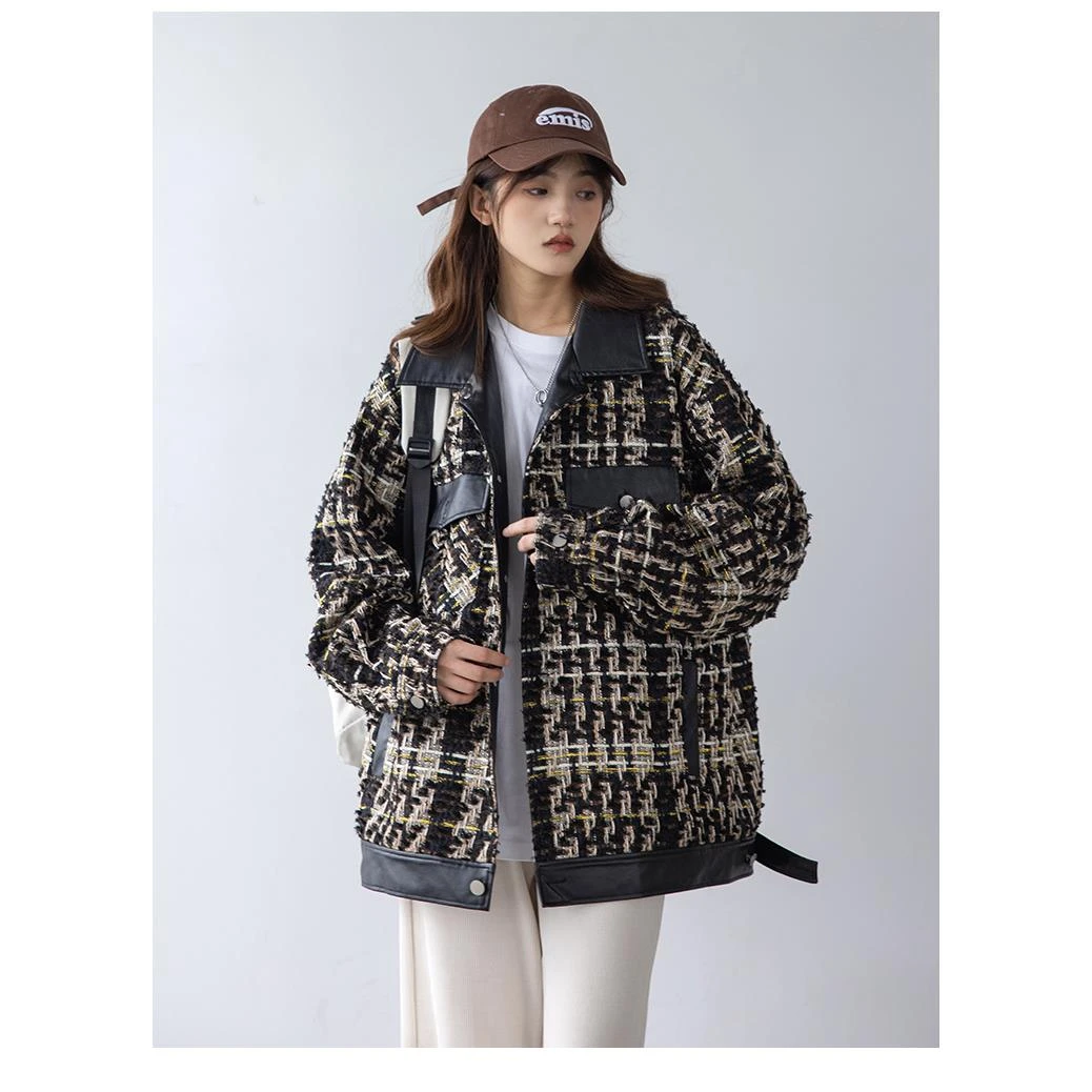 517#小香风外套女装2023秋冬新款高级感百搭复古拼接千鸟格上衣