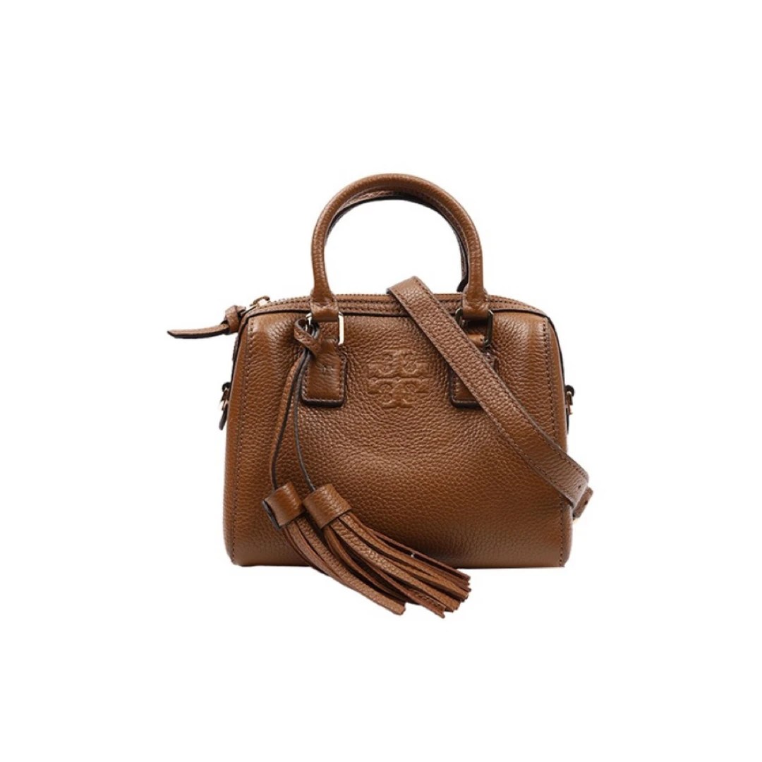 全新未使用 TORY BURCH/汤丽柏琦 棕色荔枝纹小号流苏波士顿包