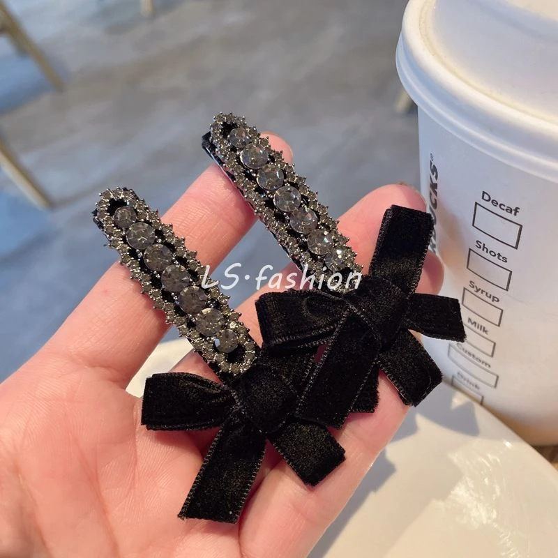 高级感丝绒蝴蝶结鸭嘴夹超闪水钻刘海夹小发卡时尚百搭侧边夹发饰