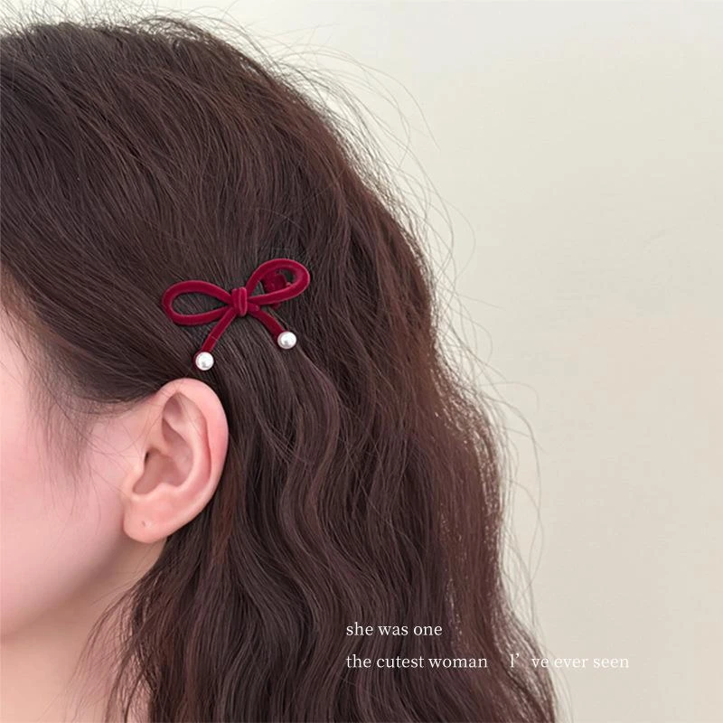 酒红色蝴蝶结发夹女高级感刘海夹边夹气质秋冬丝绒新年圣诞发饰