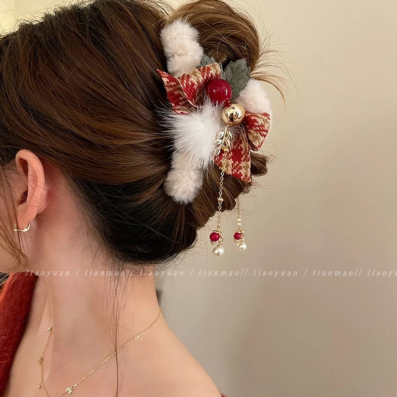 美呆圣诞秋冬毛绒发夹女后脑勺蝴蝶结抓夹大号高级感鲨鱼夹子头饰
