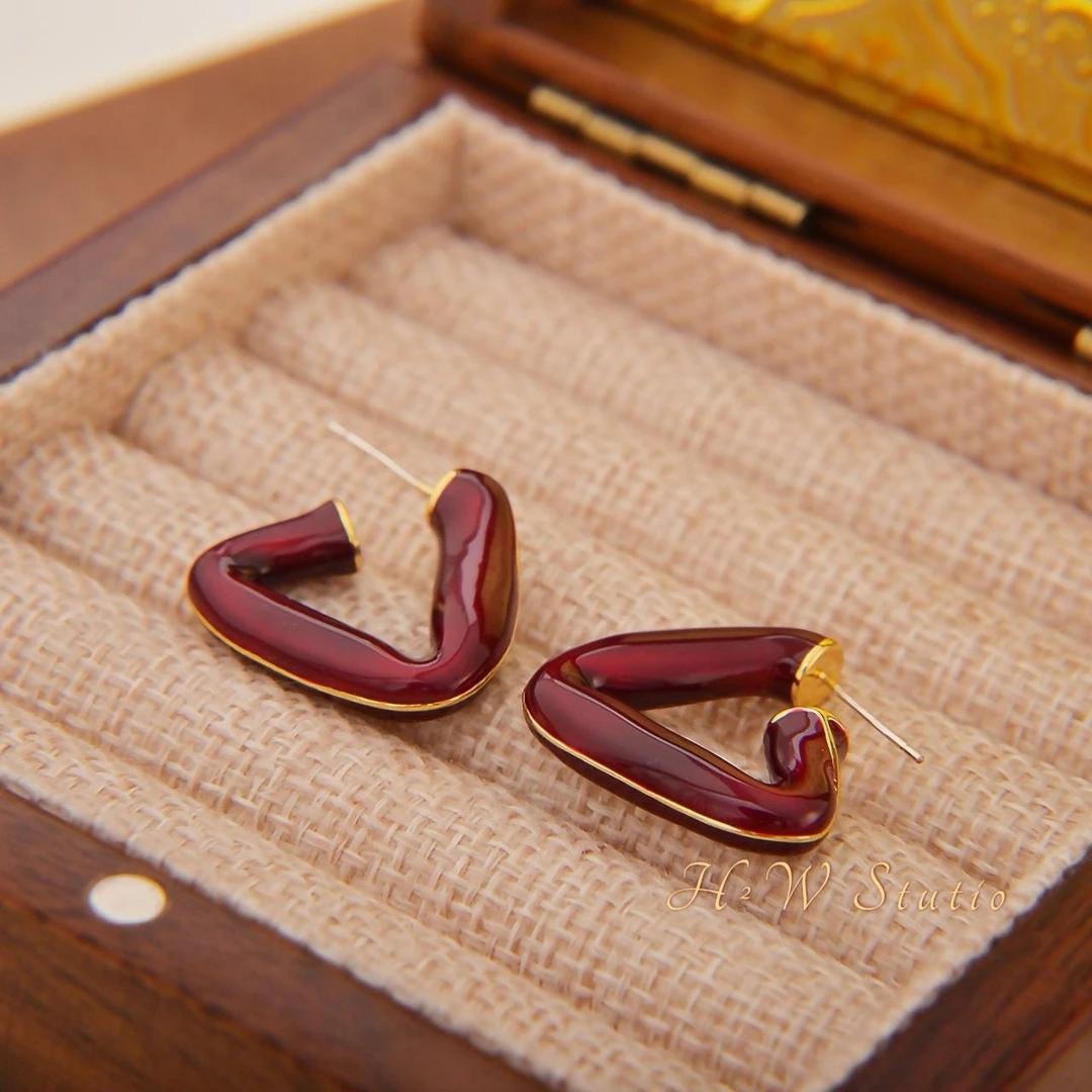 铜合金珐琅耳饰 欧美高级感耳钉彩色珐琅滴釉ins风复古折角耳钉