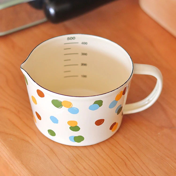 老麦【自制】ins复古波点搪瓷烘培量杯牛奶杯酸奶碗水杯打蛋碗