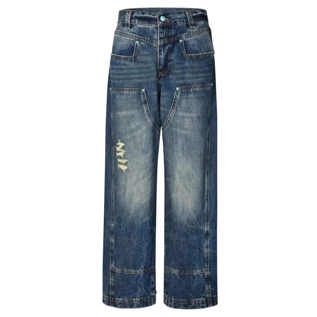 美式高街绿松石水洗复古破洞宽松阔腿直筒牛仔裤做旧长裤 184