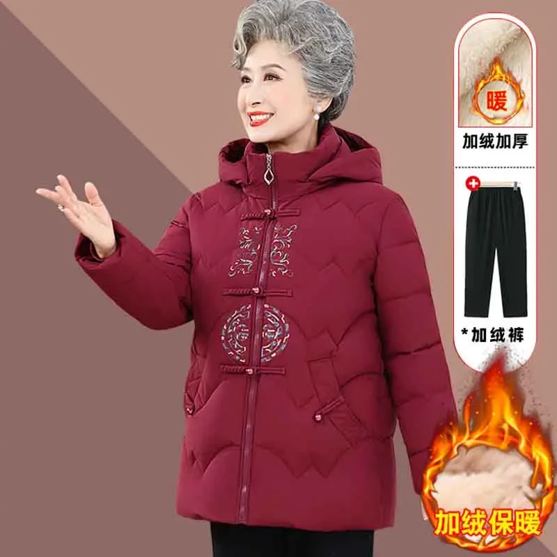 奶奶冬装棉服外套加绒加厚中老年人妈妈冬季棉衣绣花唐装连帽棉袄