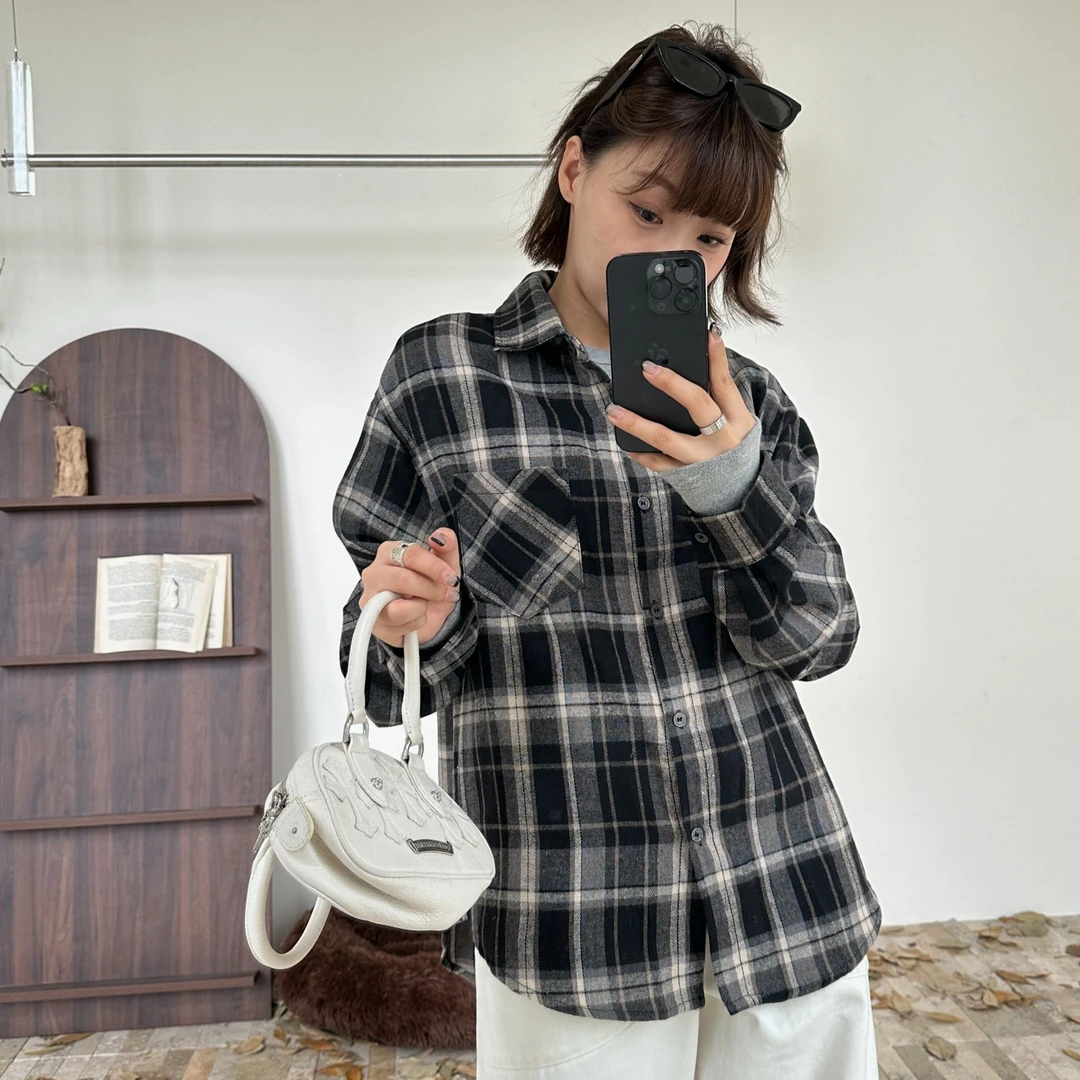 Our2【磨毛格子衬衫】复古设计感黑格子衬衫【9033-2】格子衬衫女