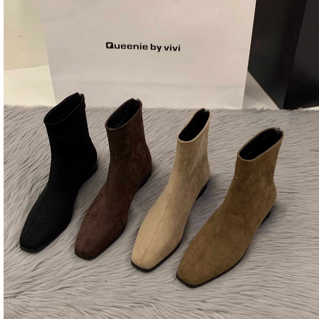 粗跟绒面韩系小踝靴女鞋2024新款秋冬季加绒马丁靴咖色瘦瘦短靴子