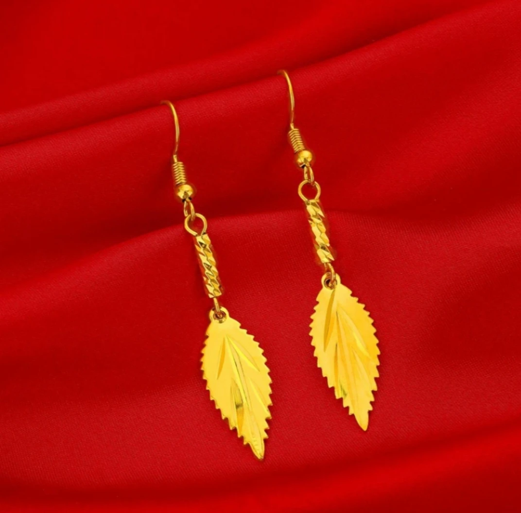 铜合金耳饰 铜合金耳饰《圆管亮面树叶耳坠》气质百搭耳环