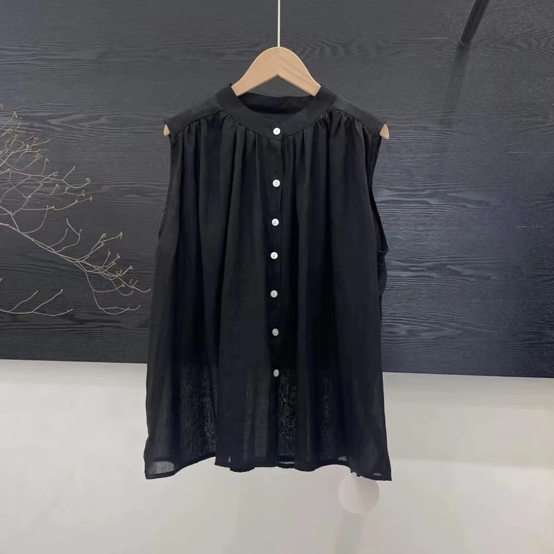 依米 夏季新款苎麻开衫背心女休闲宽松文艺百搭裙摆设计背心上衣