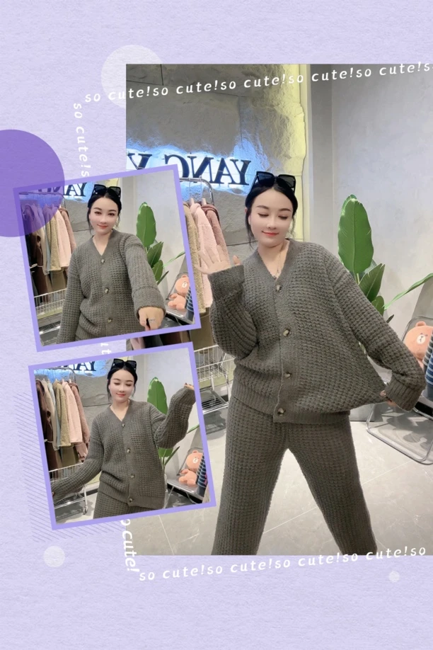 灰色华夫格半边绒对开家居服