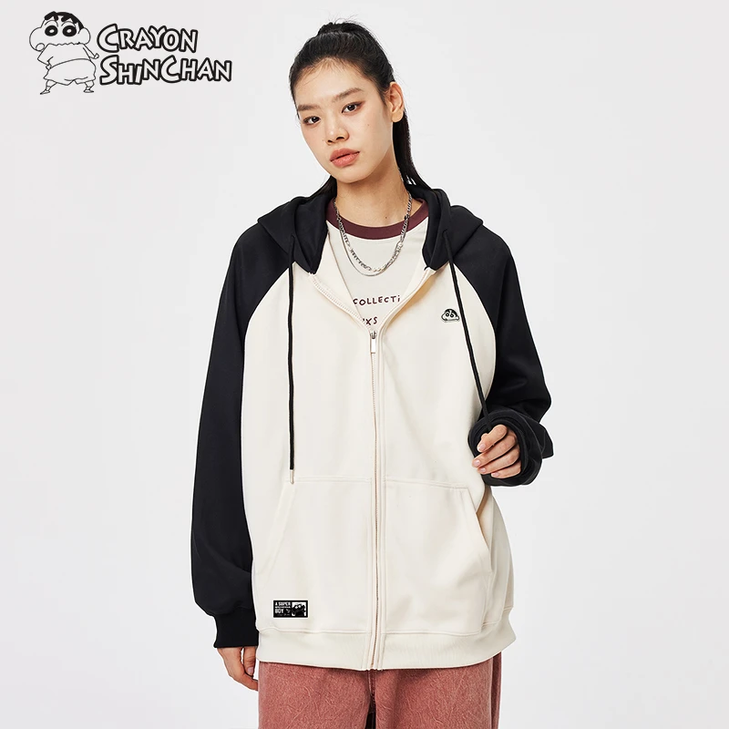 蜡笔小新 秋冬新款美式学院风开衫连帽卫衣休闲撞色外套男女同款