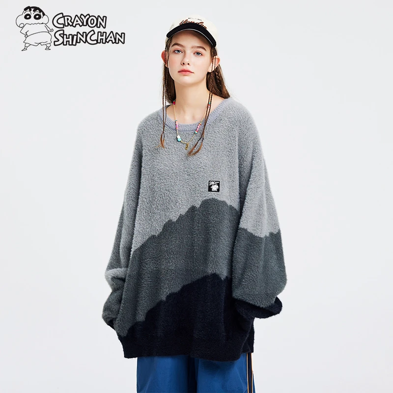 蜡笔小新  秋冬新款情侣设计感不规则渐变圆领毛衣宽松慵懒风上衣