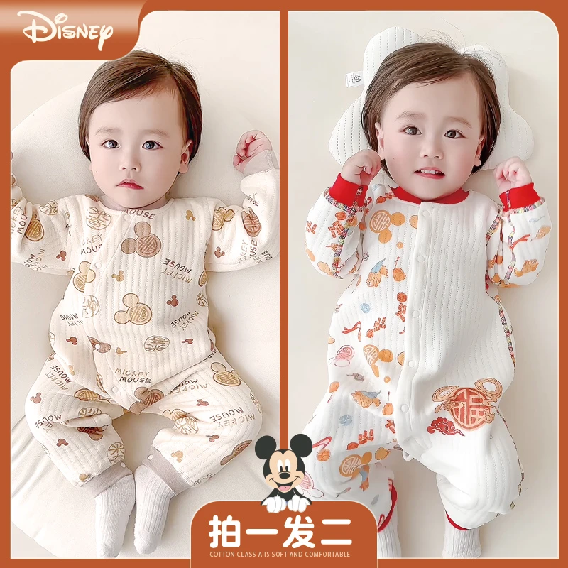 Disney/迪士尼婴儿连体秋冬装纯棉初生宝宝秋冬夹棉冬季保暖哈衣