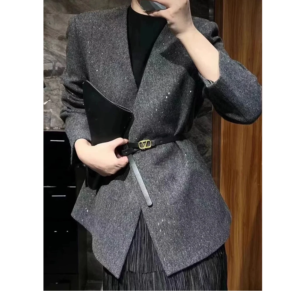 气质V领毛呢西装外套女欧洲站2024秋冬新款时尚高级感亮闪西服潮