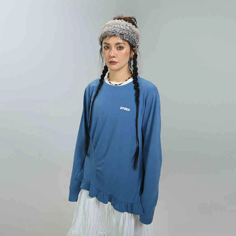 嬉游记原创 2024冬新款不规则花边长袖T恤女宽松保暖加绒内搭上衣