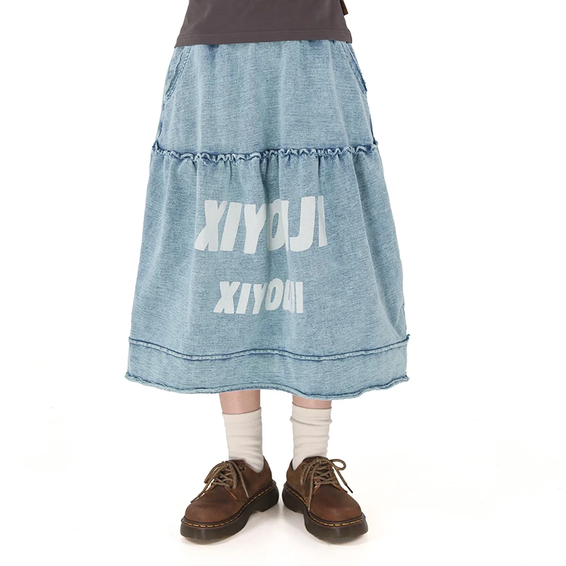 嬉游记原创 2024春季新款复古做旧蜡染半身裙女气质高腰棉质a字裙