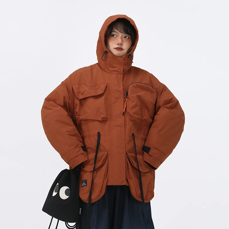 嬉游记原创2023冬季新款两穿连帽棉服女户外街头风保暖外套