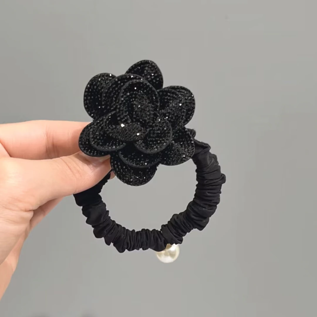 BAOSHATI/宝莎缇F-506韩版重工黑色满钻玫瑰花弹力发圈