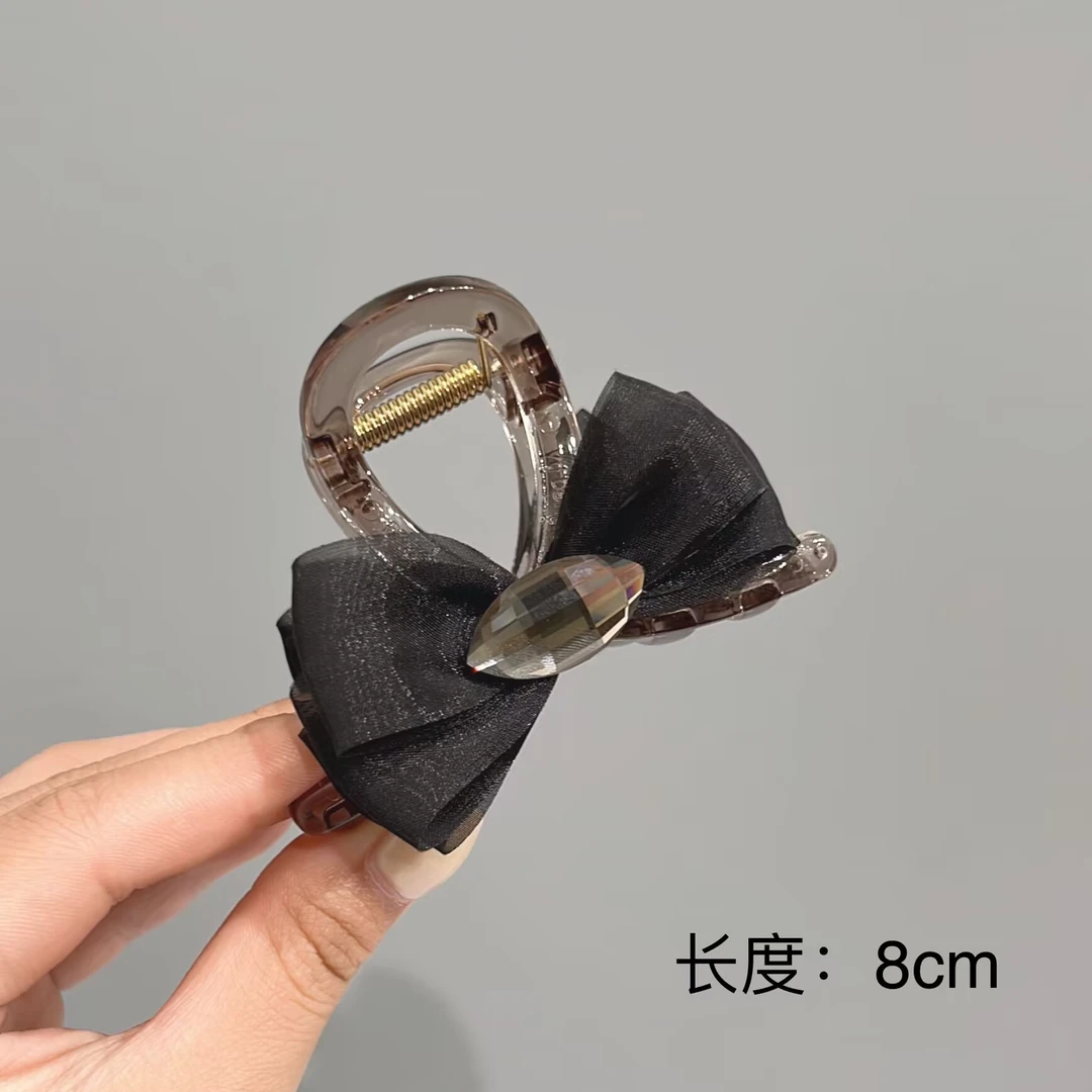 BAOSHATI/宝莎缇F-252韩版双面黑色水晶丝光蝴蝶结中号抓夹8厘米