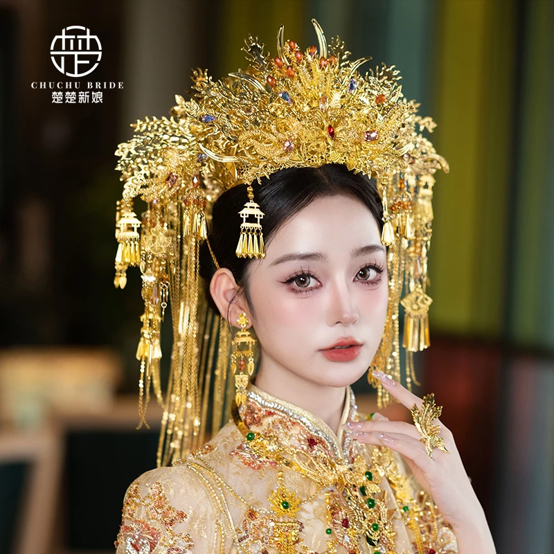 金色凤冠中式新娘结婚头饰奢华古装发冠龙凤褂后整冠显脸小宫廷冠