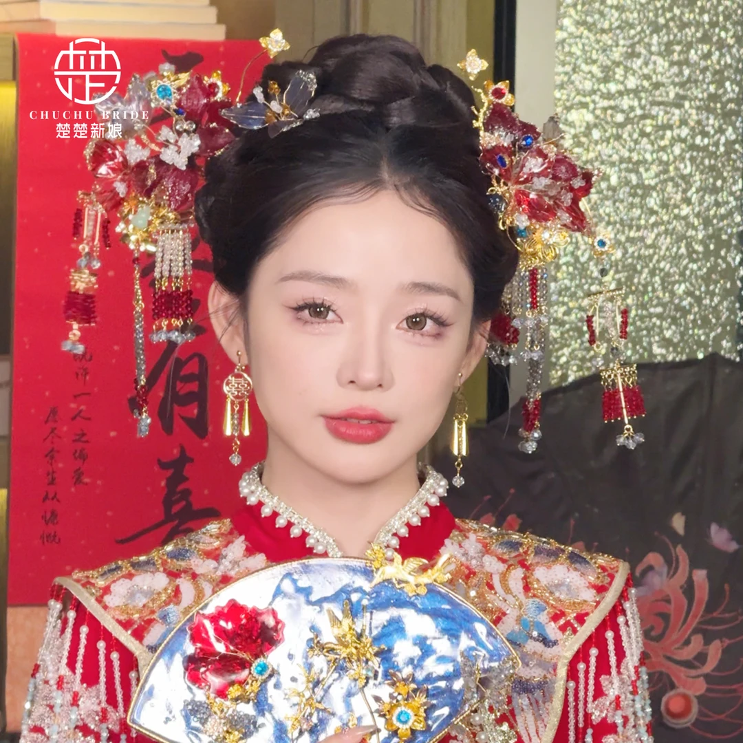 2025新款水晶流苏发簪金红色秀禾头饰套装精致龙凤褂汉服晨袍配饰