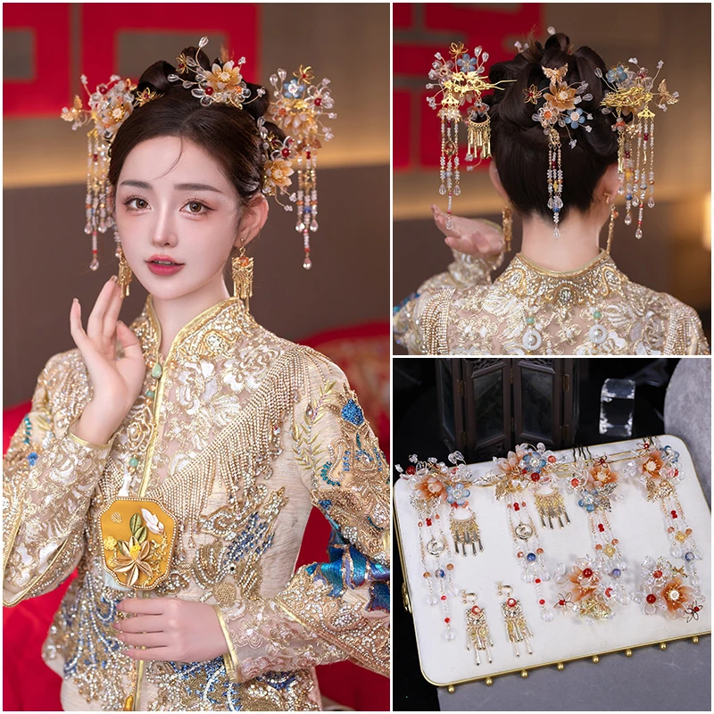 3435红金色新娘结婚头饰中式秀禾服造型配饰分体小套装龙凤褂饰品