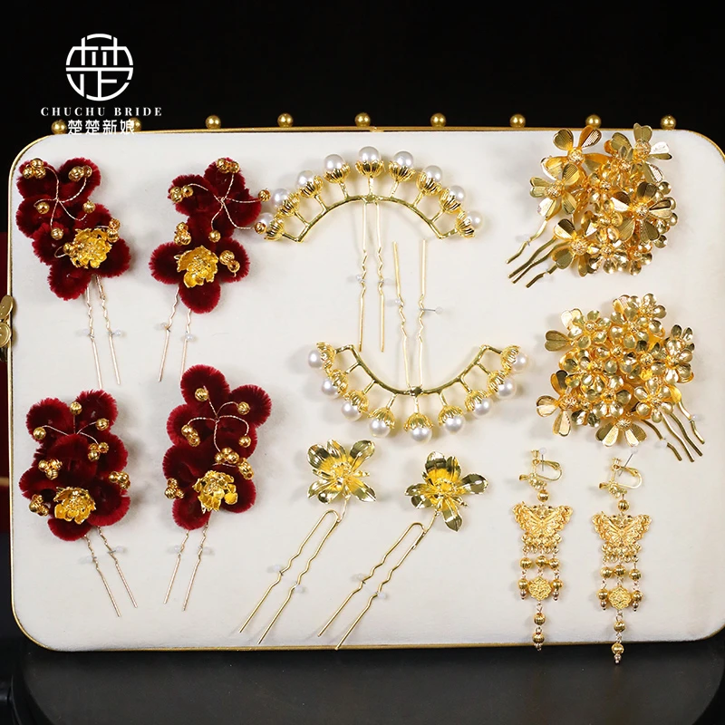 新款红色绒花发钗简约金色珍珠排簪汉服龙凤褂发饰多件套马面裙配