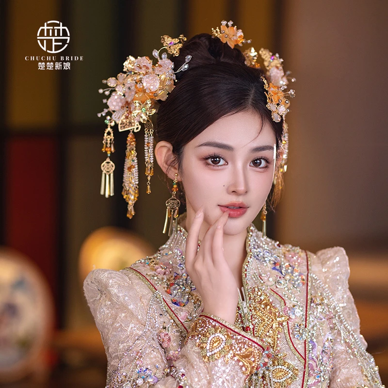 3558中式新娘结婚头饰金色琉璃花朵秀禾服头饰减龄造型配饰品