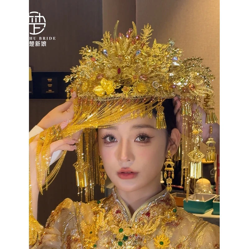 奢华凤冠头饰金色流苏发冠带面帘龙凤褂国风造型发饰秀禾服配饰品