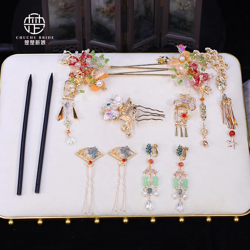 合金婚庆饰品 3459新中式金色步摇发簪头饰古典婚礼秀禾旗袍造型