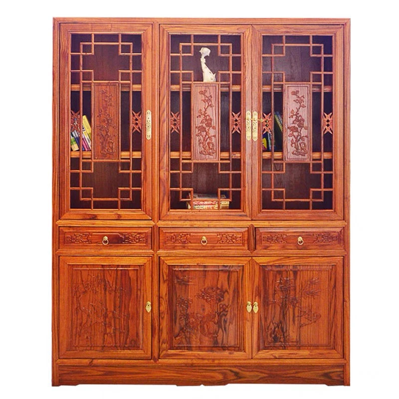 中式全实木1.5米三门书柜1.2米明清古典雕花储物柜南榆木家具书橱