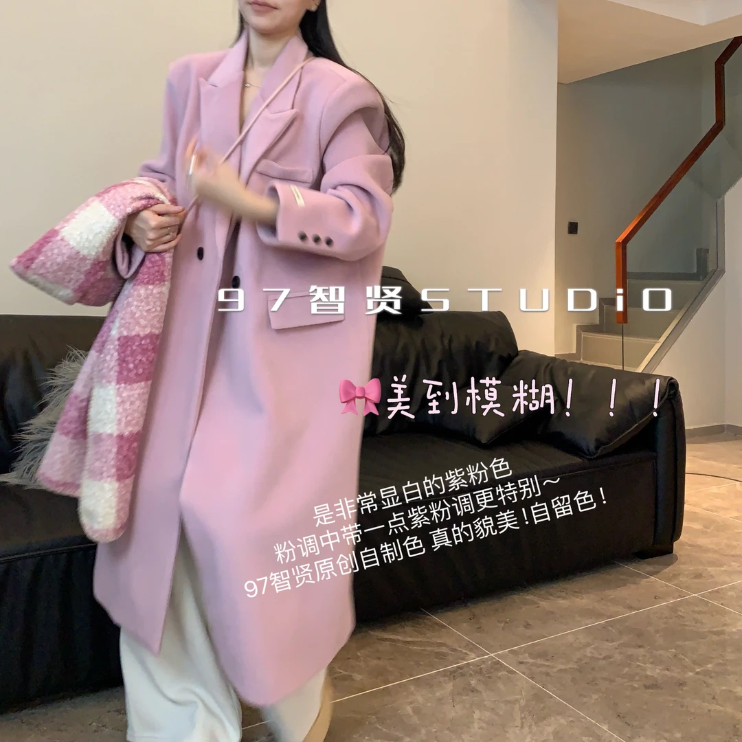 智贤 【2024原款自制垫肩呢子大衣博主风袖标设计韩系长款外套】