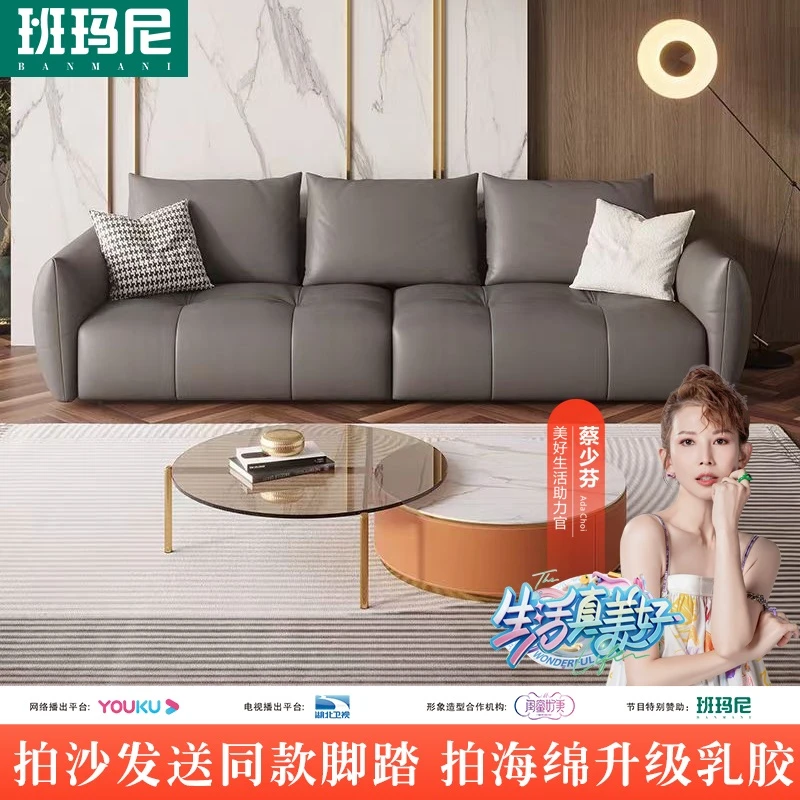 班玛尼小户型沙发家用简约中厚牛皮沙发极简奶油风直排沙发