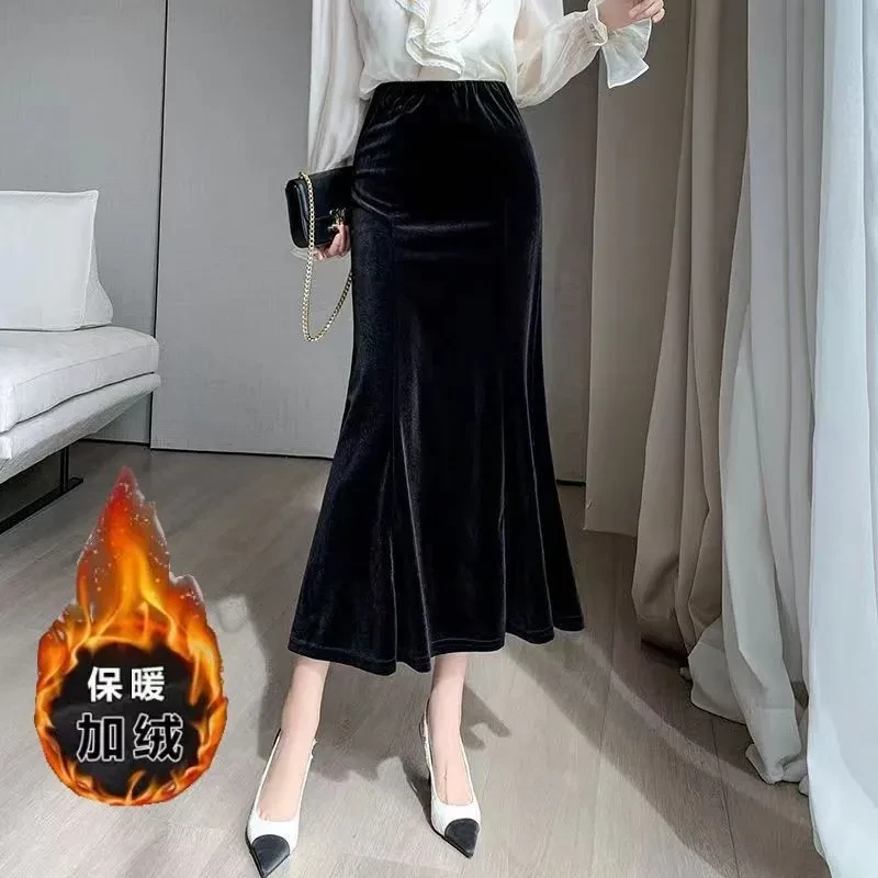 5099鱼尾裙高腰修身垂感中长款秋冬新款金丝绒拼接款半身裙包臀