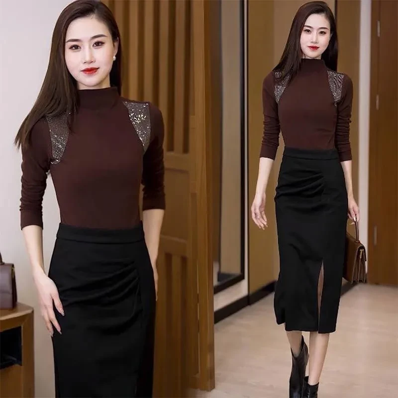 5601重工烫钻打底衫女秋冬新款加厚洋气半高领内搭精致百搭上衣