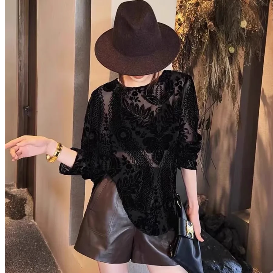 2025新款龙纹圆领欧货秋款打底衫女装气质小众高级感丝绒植绒上衣