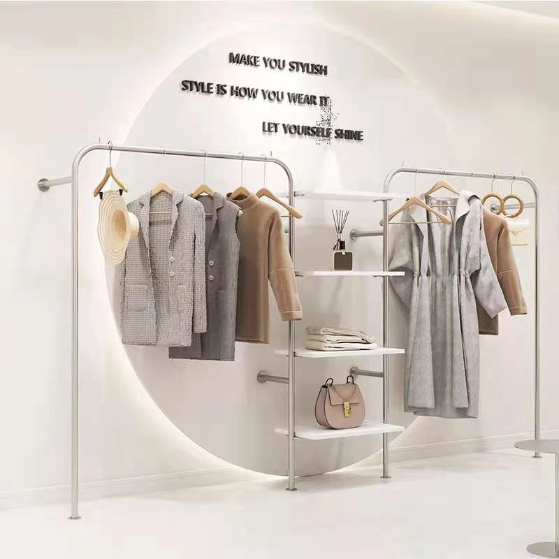 服装店展示架上墙不锈钢拉丝银挂衣架女装店落地靠墙陈列架置物架