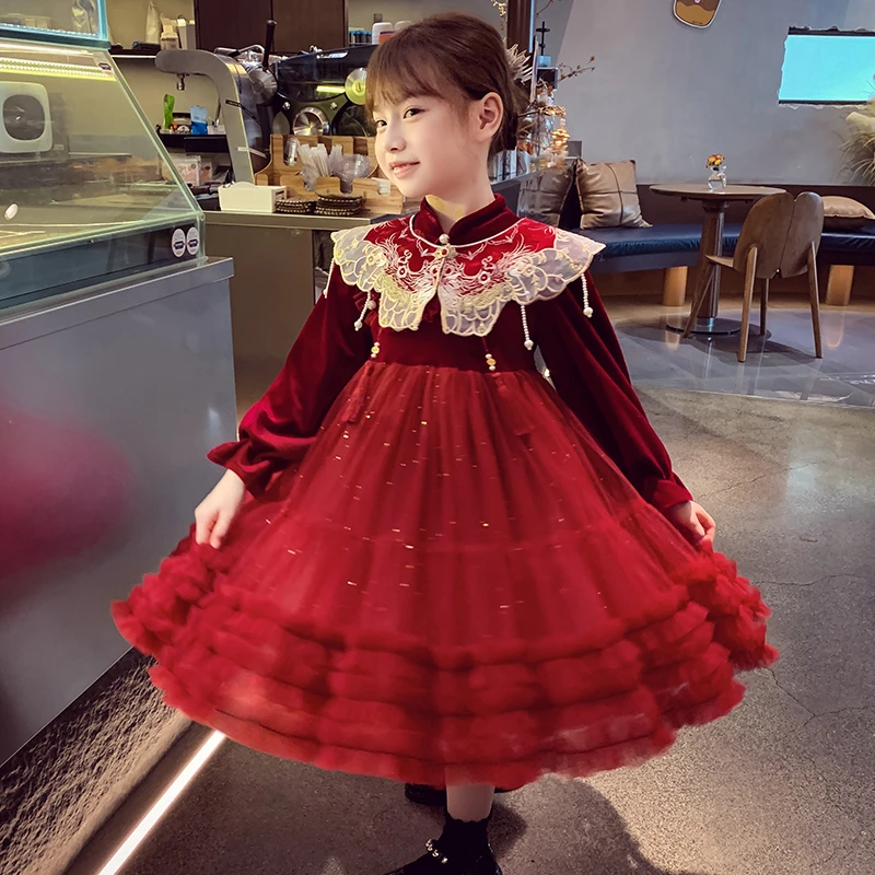 女童秋冬新款连衣裙小女孩中国风云肩加绒洋气长袖丝绒儿童拜年服
