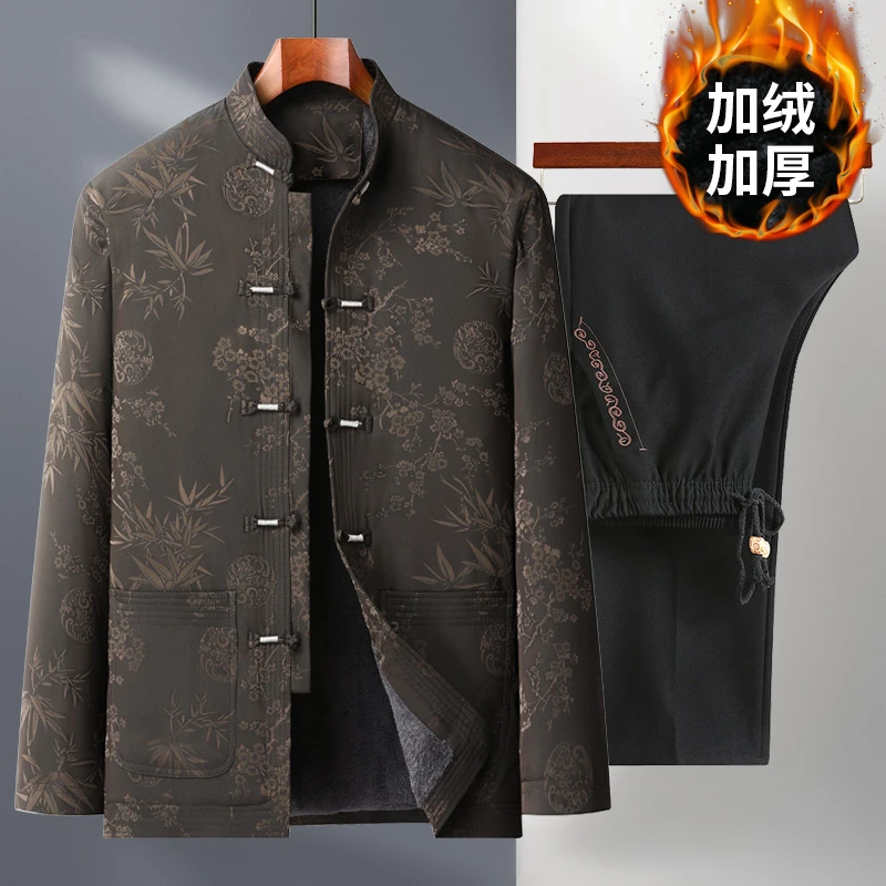 中老年爸爸装冬季棉衣加绒加厚唐装套装中国风男休闲棉服老人衣服