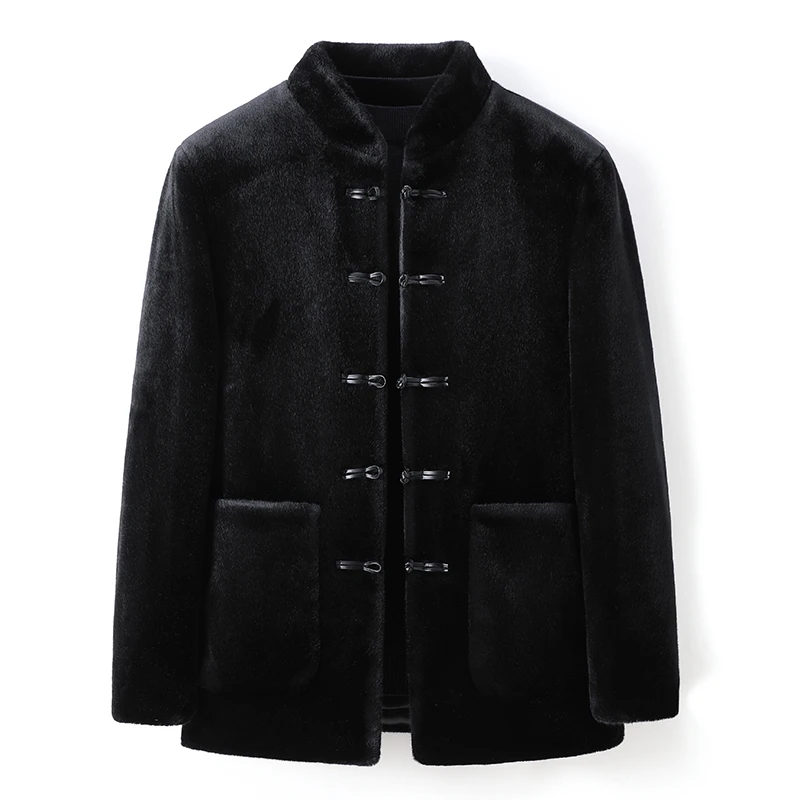 爸爸冬装男士休闲呢子大衣仿貂绒外套加绒加厚中国风立领冬季中年