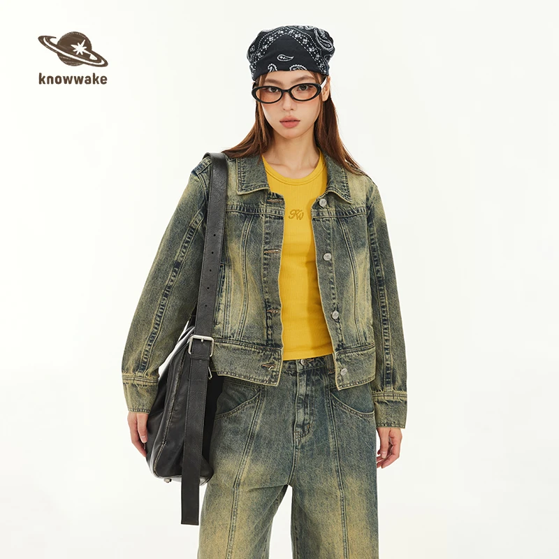 knowwake韩系学院水洗渐变牛仔外套女秋季机车风夹克上衣KW33R07